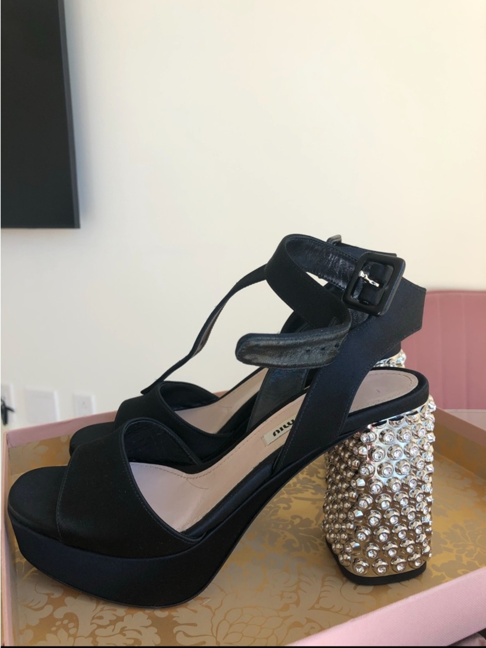 Miu Miu Black Heeled Sandals with Silver Studded Block Heels